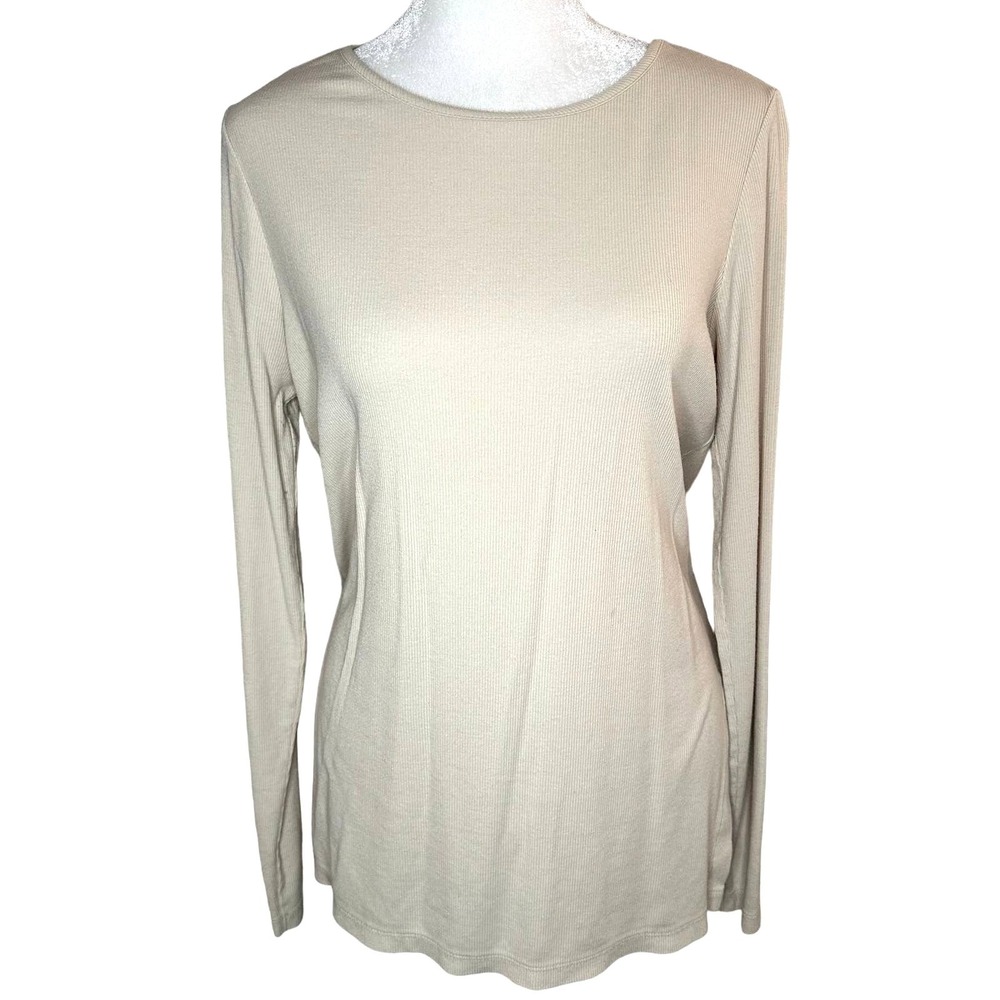 White + Warren Ribbed Long Sleeve Top Sz Small Minimal Beige Pima Cotton Modal
